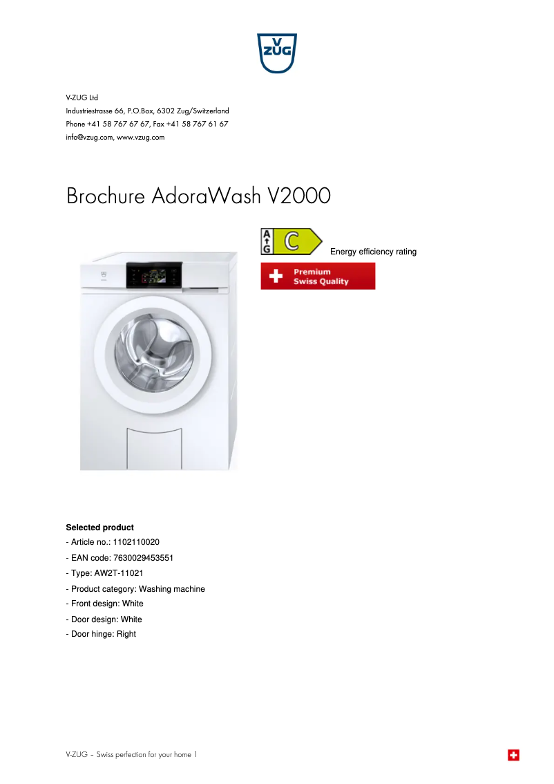 Imagen de la primera página del manual del dispositivo AdoraWash V2000