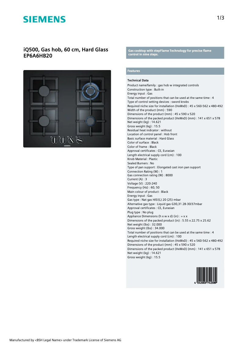 Page n°1 - Fiche technique Siemens EP6A6HB20