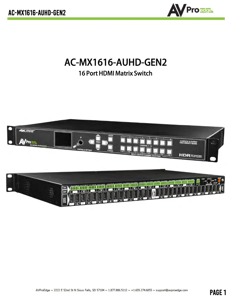 Page n°1 - Manuel utilisateur AVPro Edge AC-MX1616-AUHD-GEN2