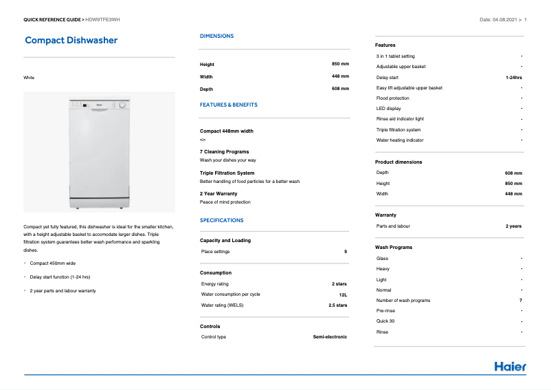 Page 1 de la notice Manuel utilisateur Haier HDW9-TFE3WH