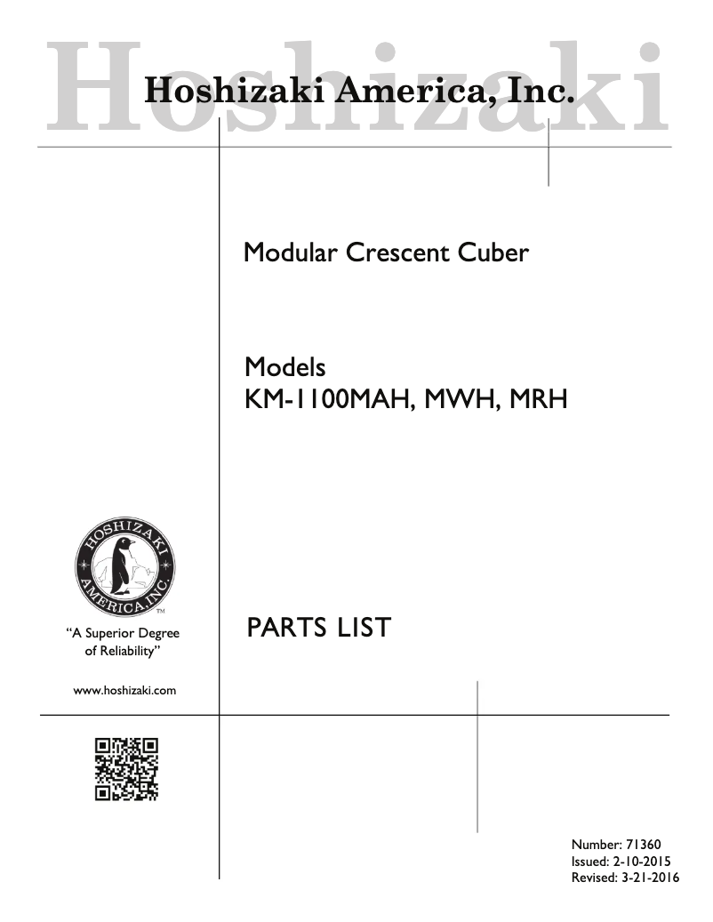Page 1 de la notice Manuel utilisateur Hoshizaki KM-1100MAH