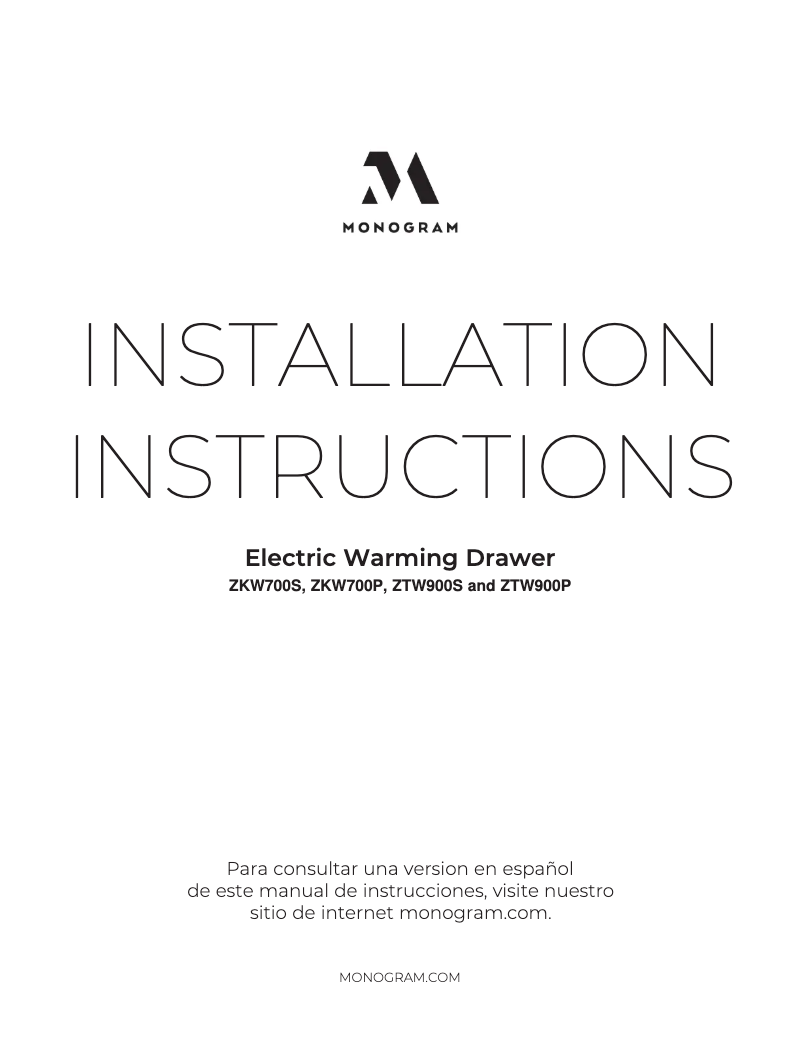 Page 1 de la notice Guide d'installation Monogram ZTW900SSNSS