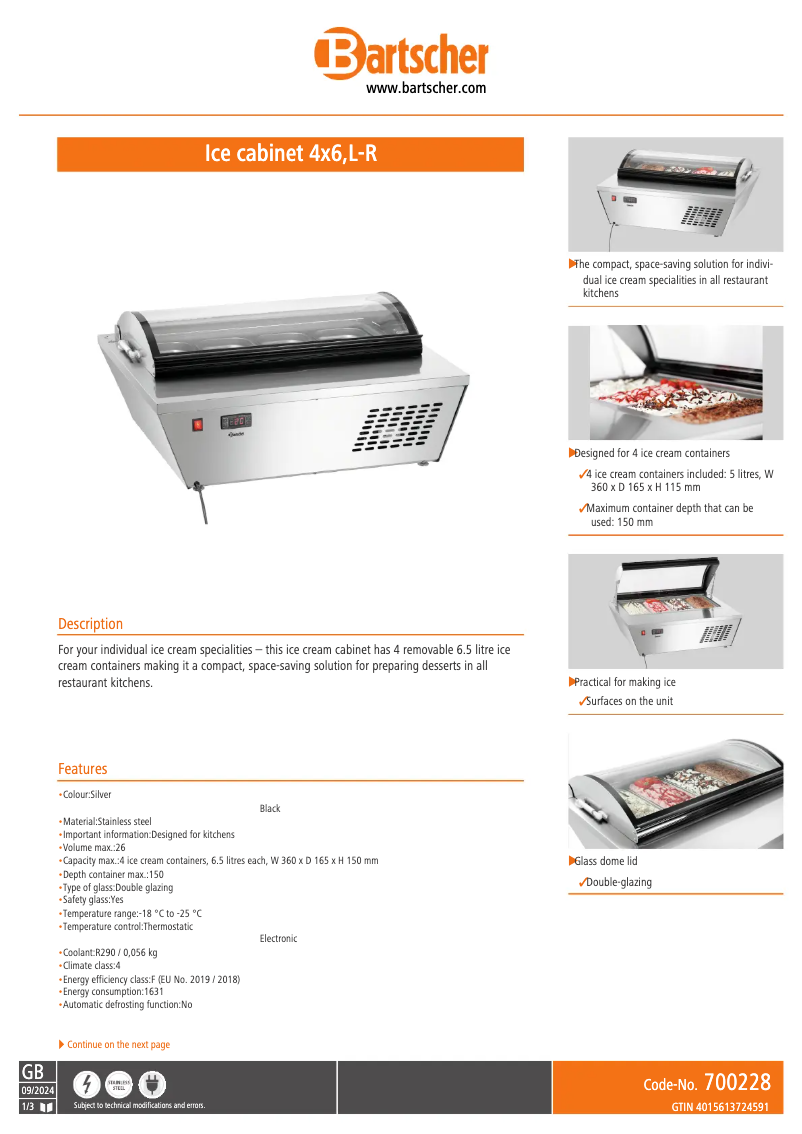 Page 1 de la notice Fiche technique Bartscher 700228