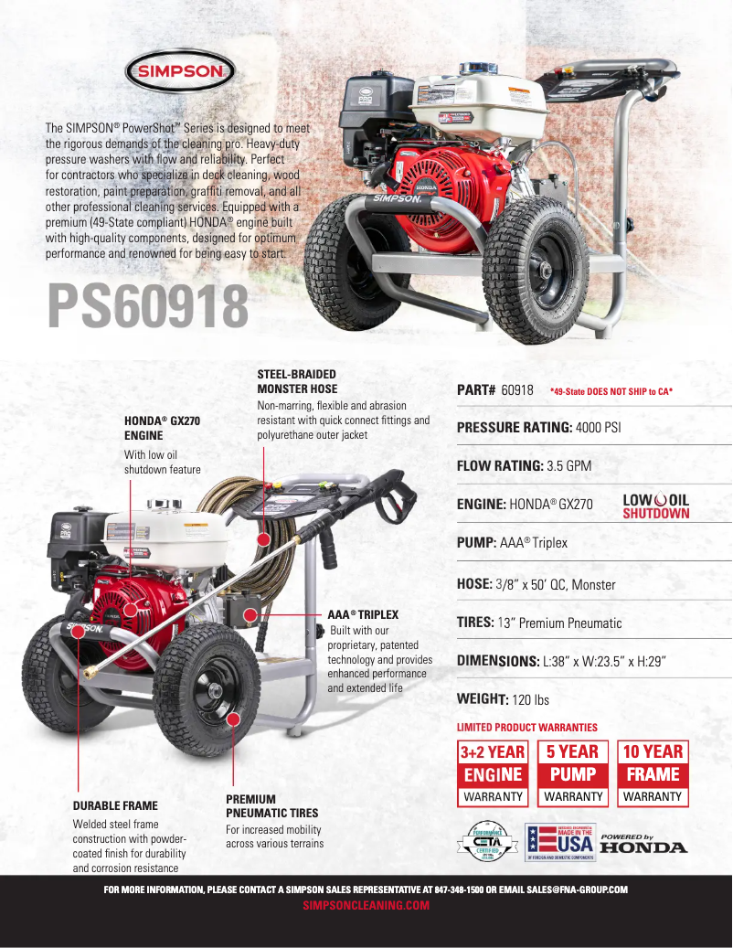 Página 1 del manual Ficha técnica Simpson Pro Series PS60918