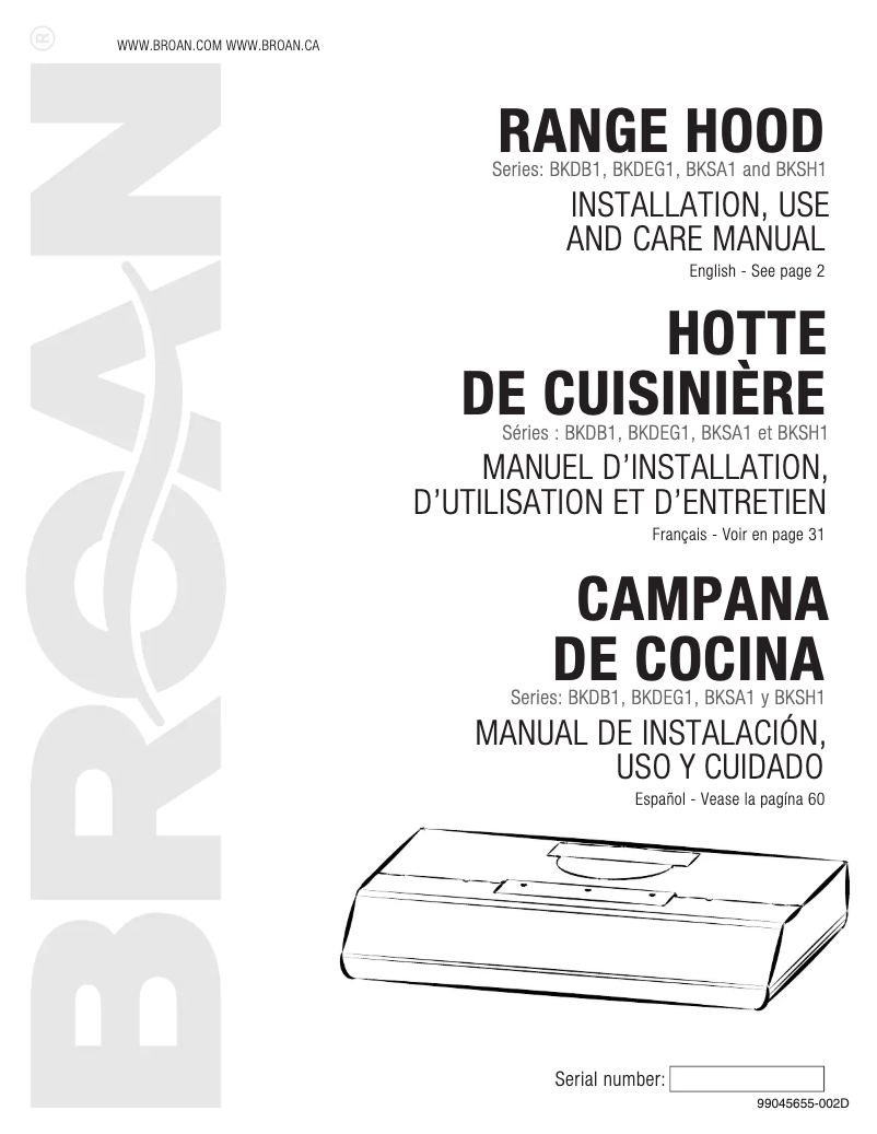 Page n°1 - Manuel utilisateur Broan BKDB136WW