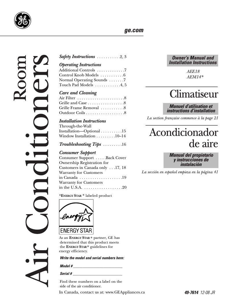 Page n°1 - Mode d'emploi GE AEE18DS