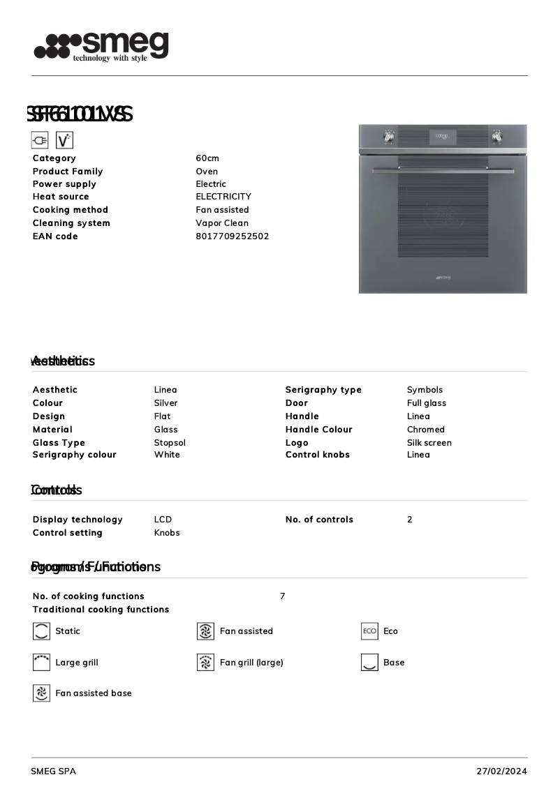 Page 1 de la notice Fiche technique Smeg SF6101VS