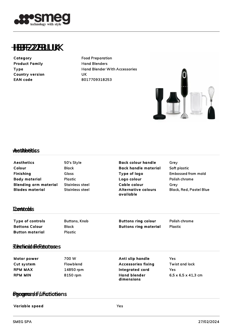 Page 1 de la notice Fiche technique Smeg HBF22BLUK