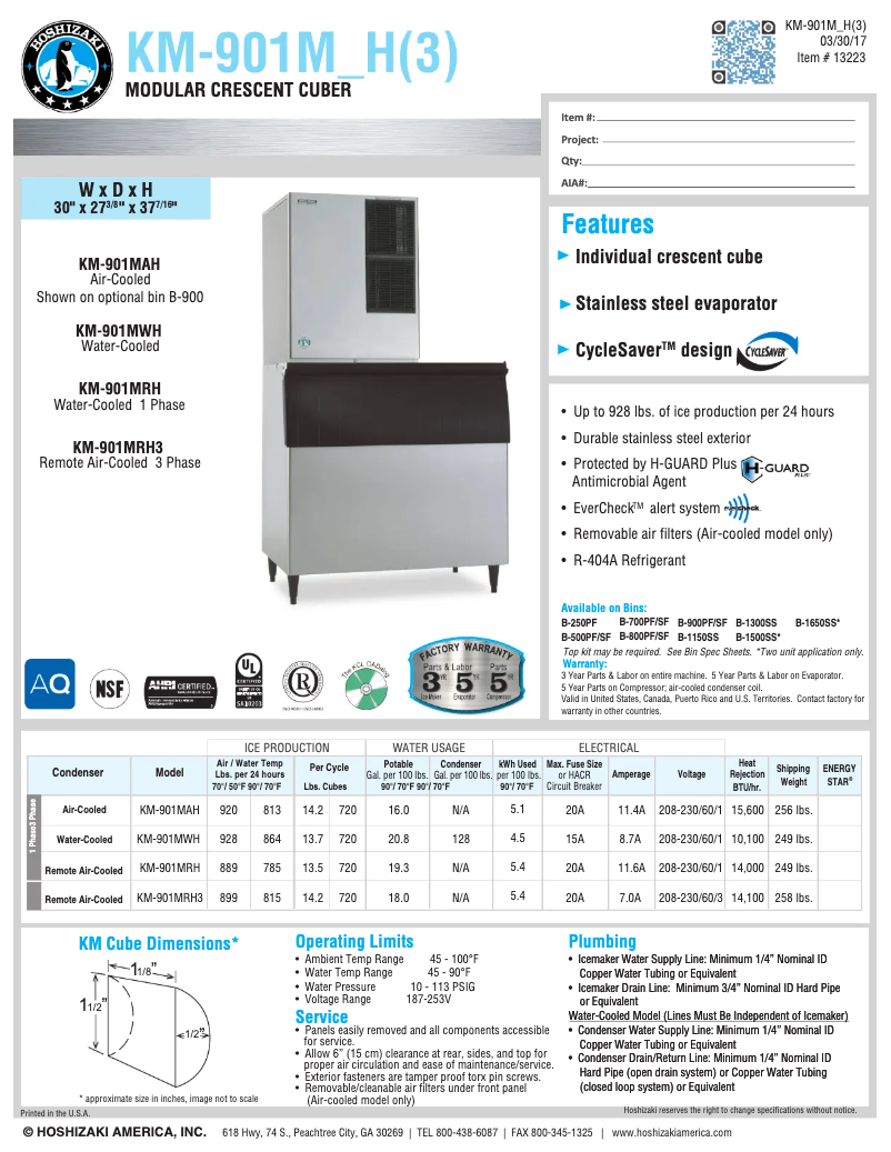 Page 1 de la notice Fiche technique Hoshizaki KM-901MRH3