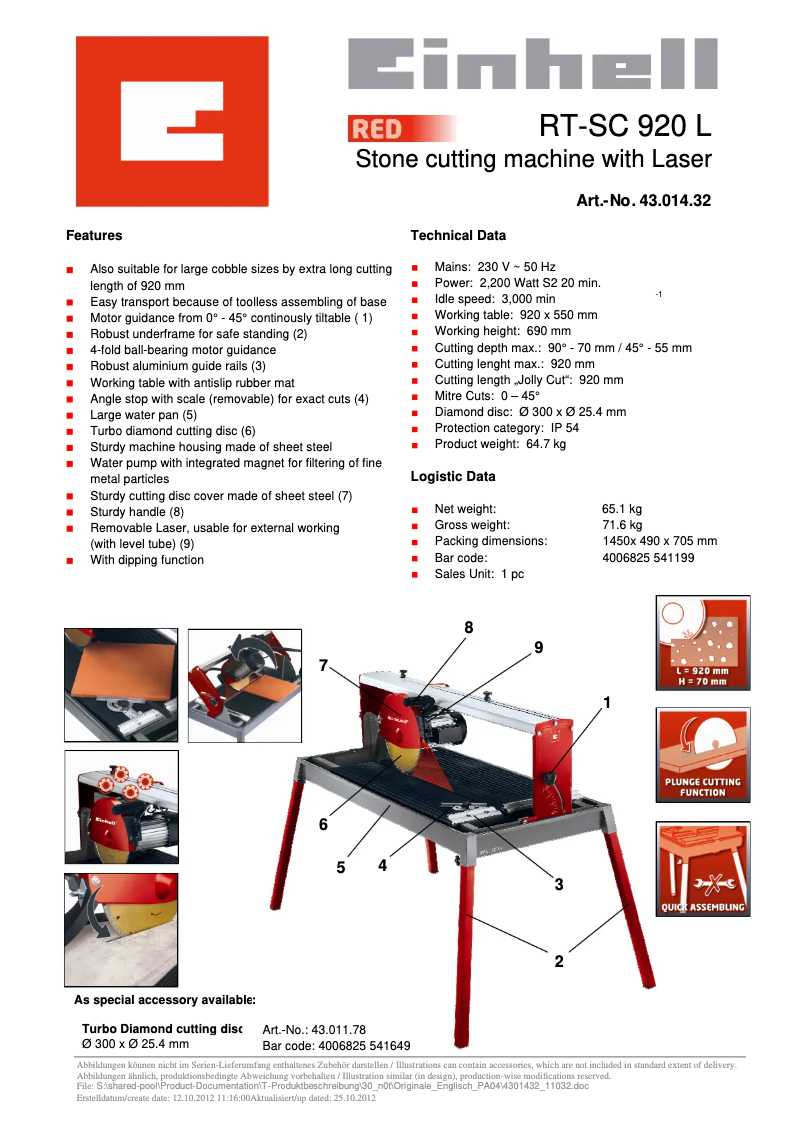 Page 1 de la notice Fiche technique Einhell RT-SC 920 L