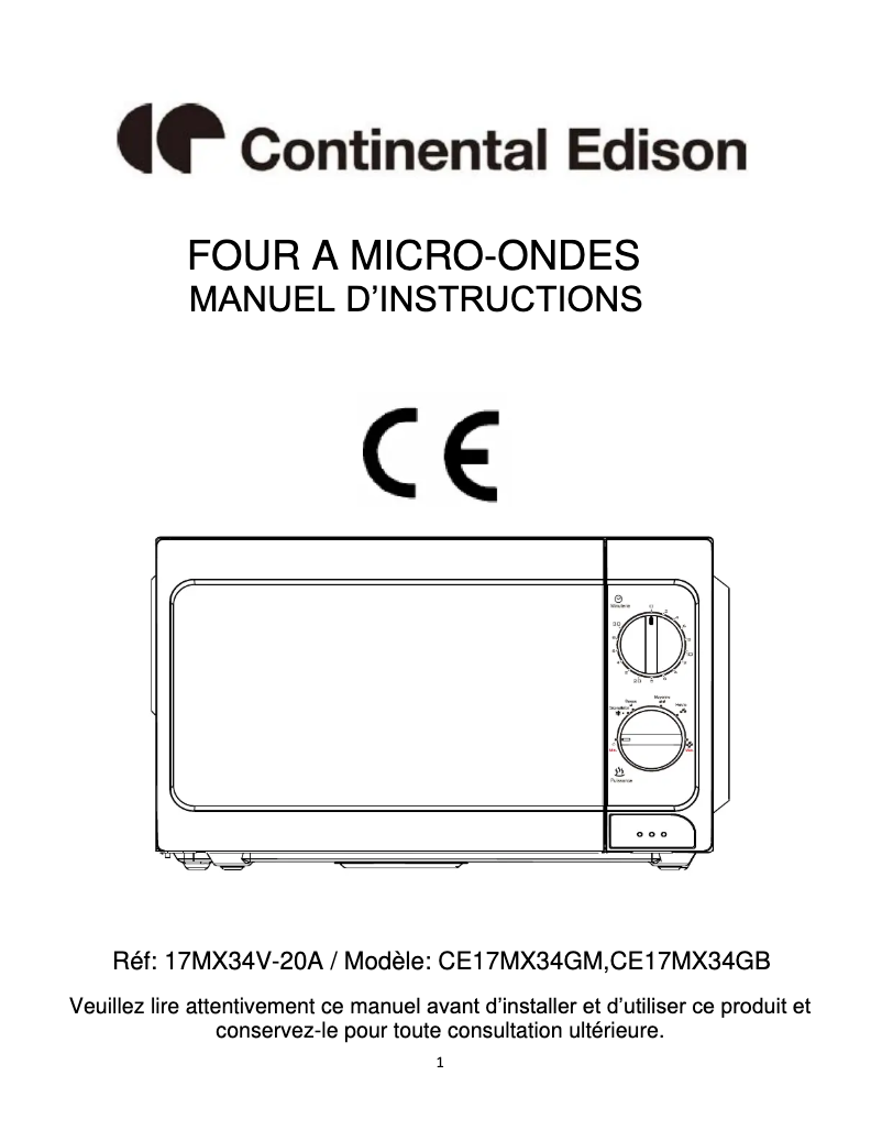Page 1 de la notice Manuel utilisateur Continental Edison CE17MX34GB