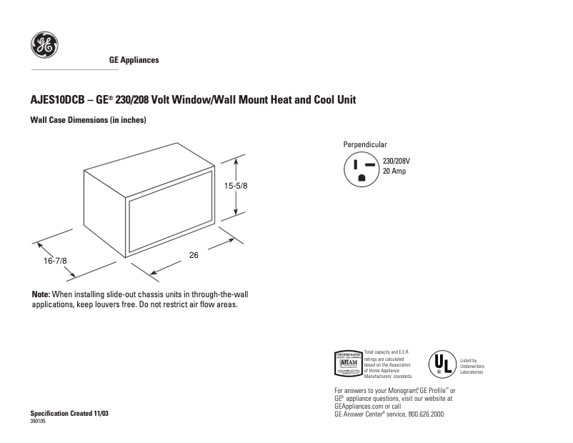 Page 1 de la notice Fiche technique GE AJES10DCB