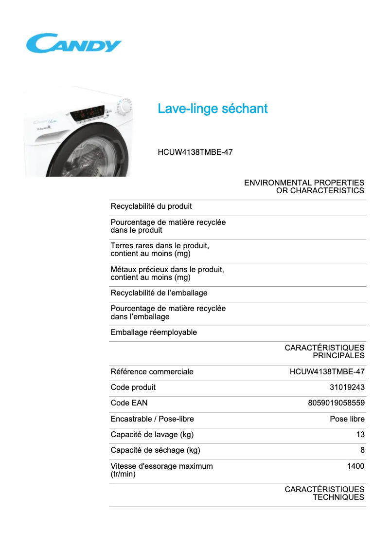 Page 1 de la notice Fiche technique Candy HCUW4138TMBE-47