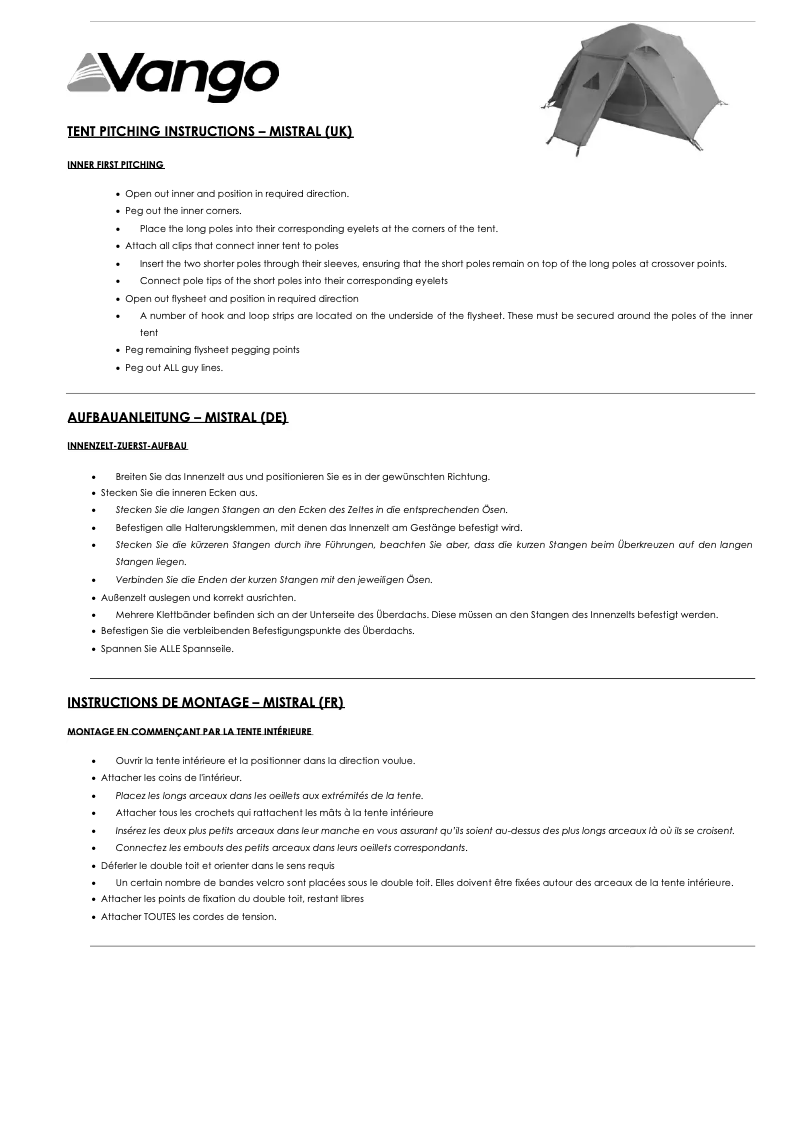 Page 1 de la notice Manuel utilisateur Vango Mistral 300