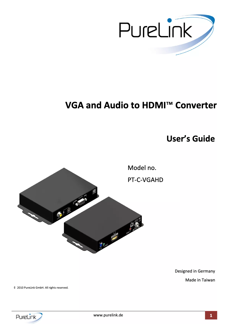 Page 1 de la notice Manuel utilisateur PureLink PT-C-VGAHD