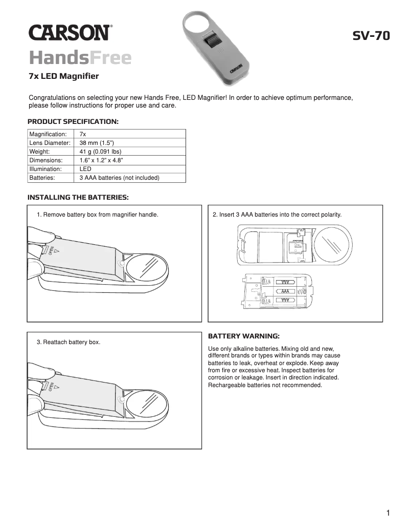 Page 1 de la notice Manuel utilisateur Carson HandsFree SV-70