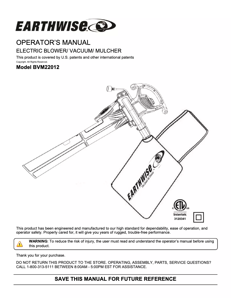 Page n°1 - Manuel utilisateur Earthwise BVM22012