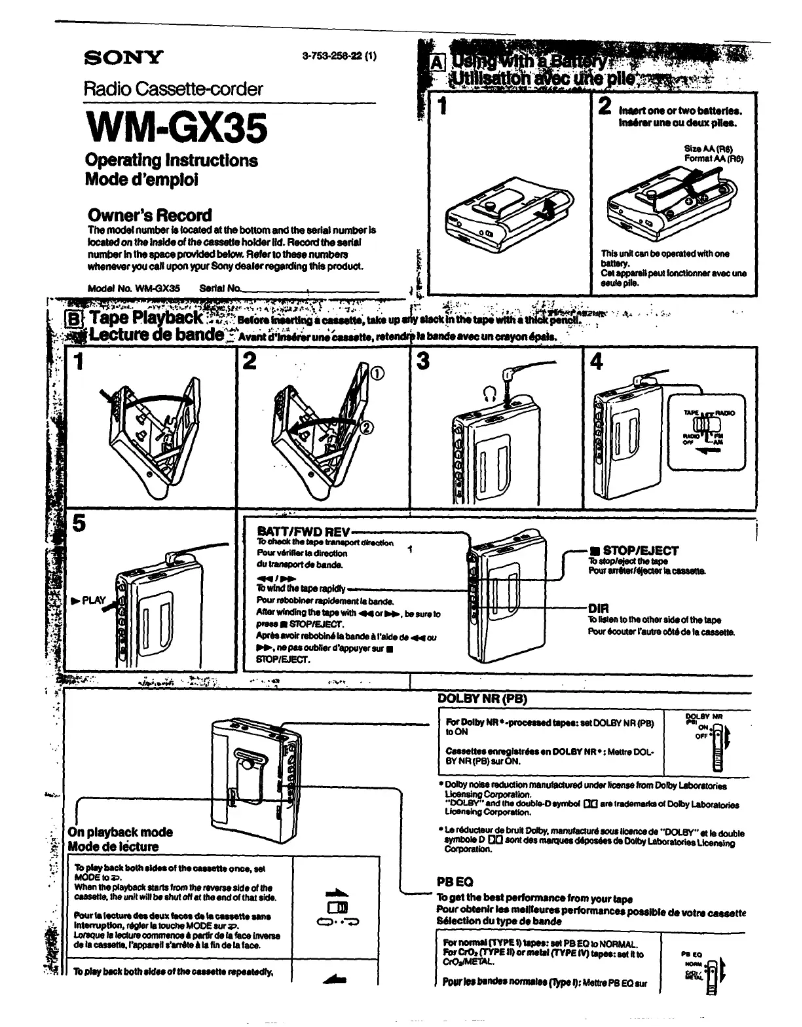 Image de la première page du manuel de l'appareil Walkman WM-GX35