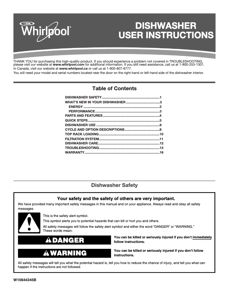 Page 1 de la notice Manuel d'utilisation et d'entretien Whirlpool WDF330PAH