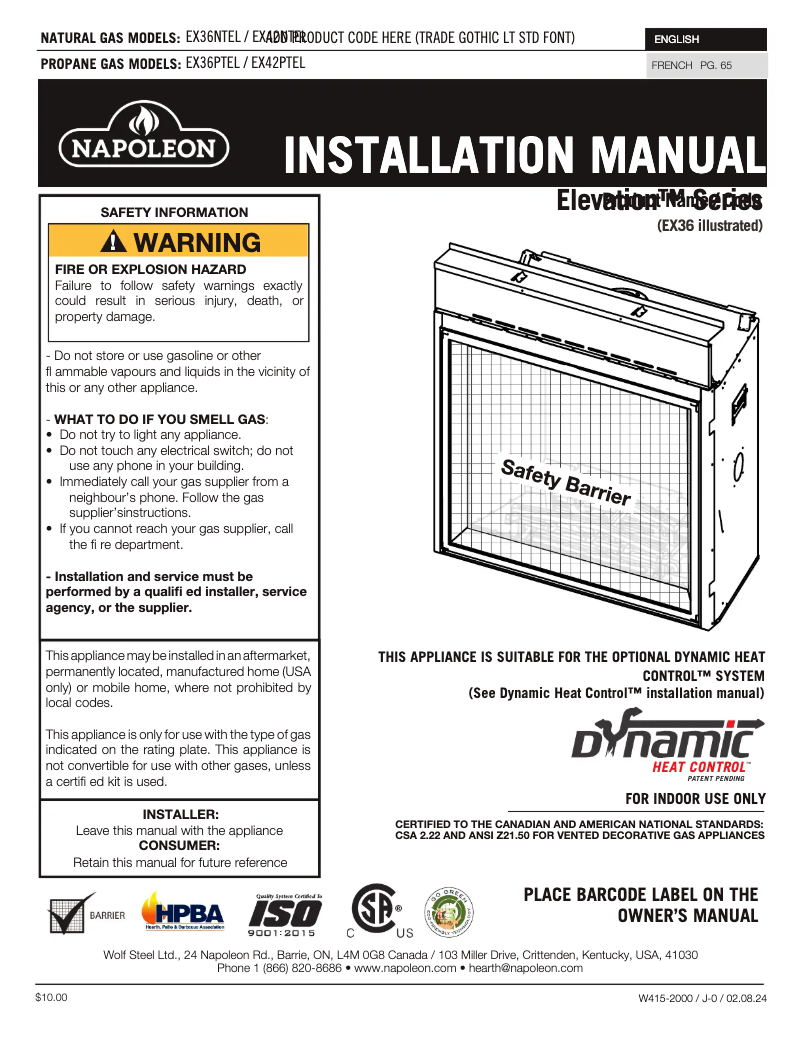 Page 1 de la notice Manuel utilisateur Napoleon Elevation X 36