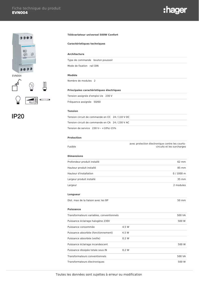 Página 1 del manual Ficha técnica Hager EVN004
