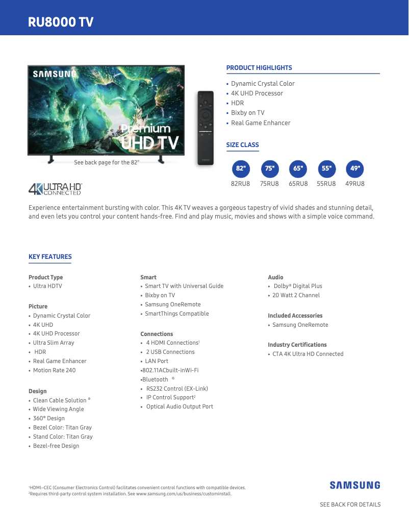 Page 1 de la notice Fiche technique Samsung UN65RU8000FXZA