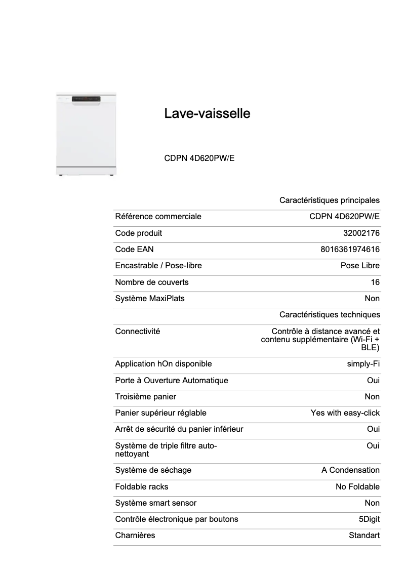 Page 1 de la notice Fiche technique Candy CDPN 4D620PWE
