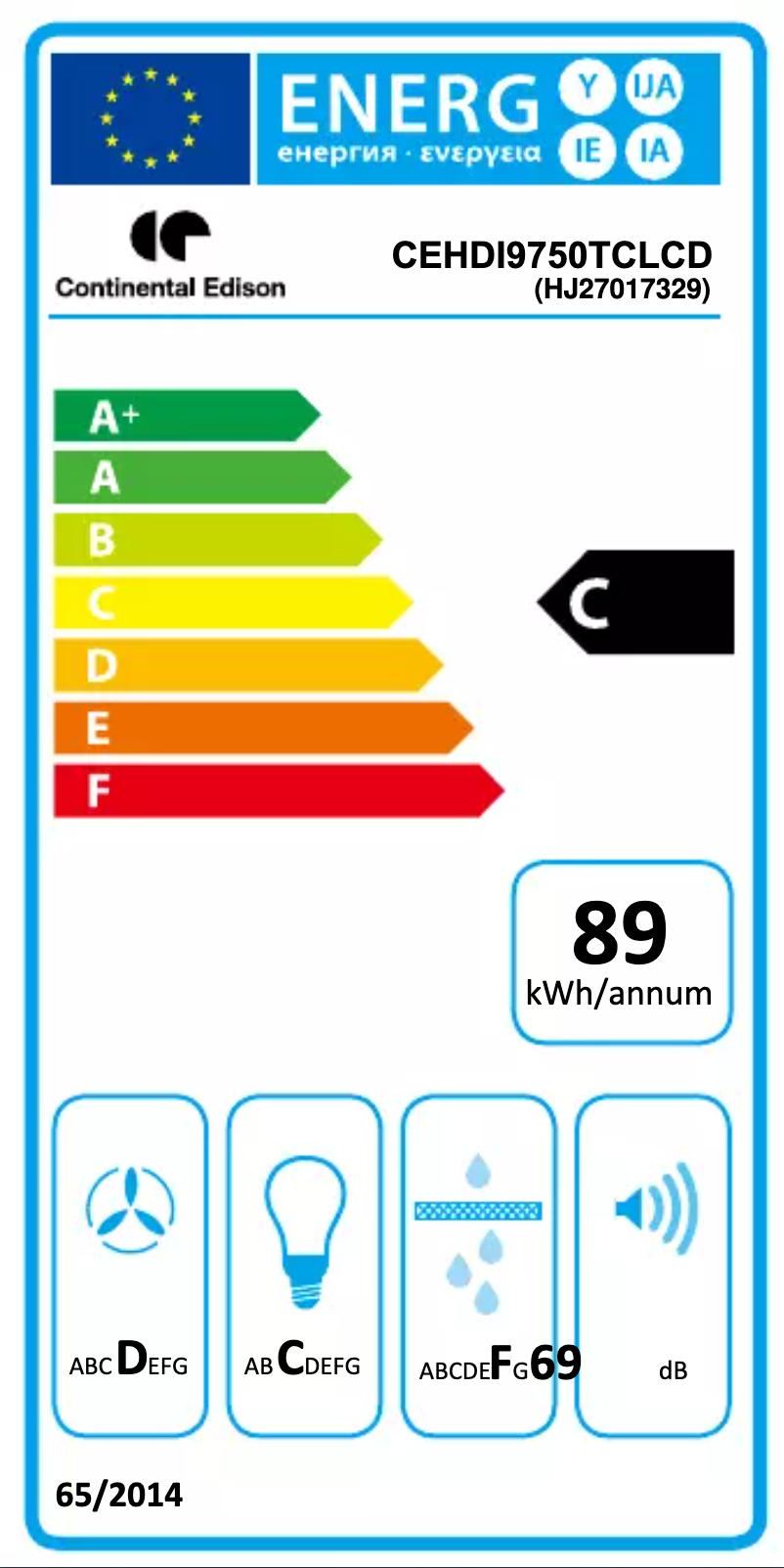 Page 1 de la notice Label énergétique Continental Edison CEHDI9750TCLCD