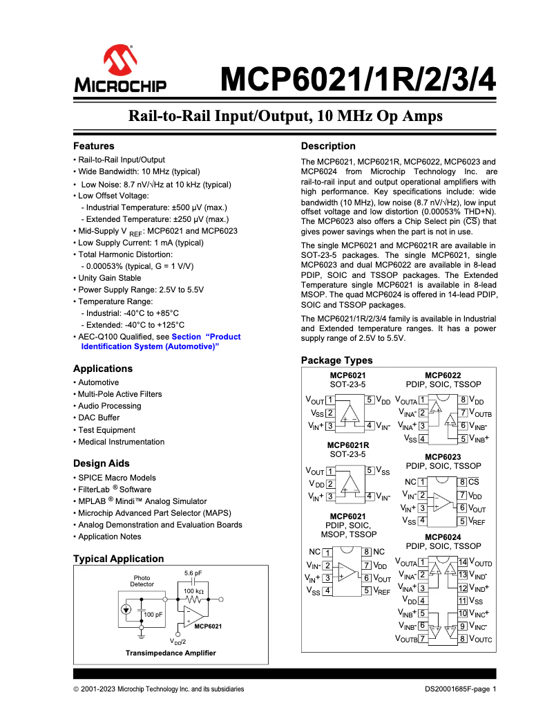 Page 1 de la notice Fiche technique Microchip MCP6023