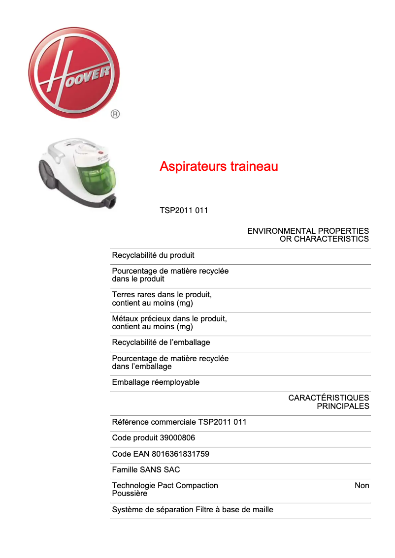 Page n°1 - Fiche technique Hoover Spirit TSP2011 011