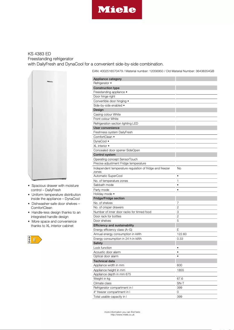 Page 1 de la notice Fiche technique Miele KS 4383 ED