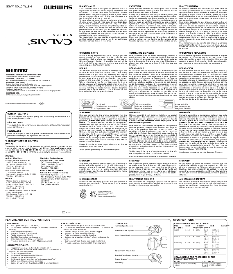 Page 1 de la notice Manuel utilisateur Shimano Calais 200