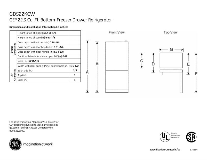 Página 1 del manual Ficha técnica GE GDS22KCWWW