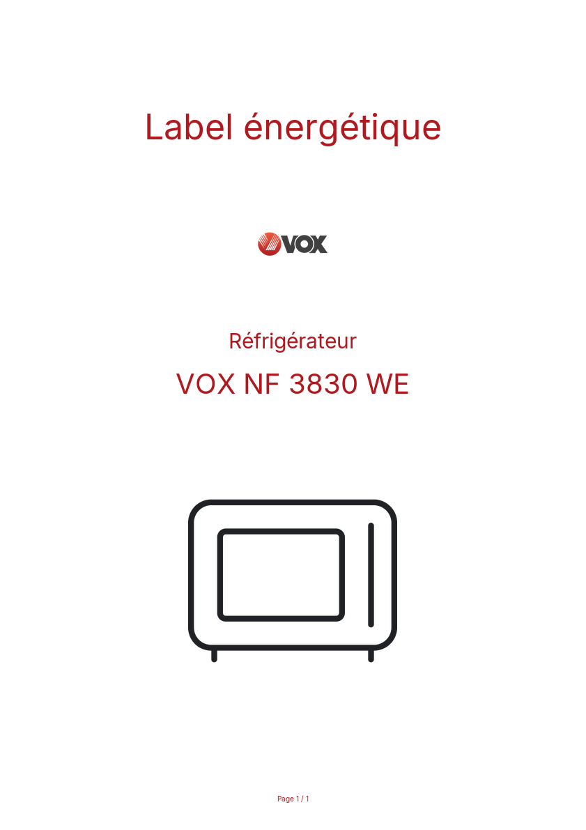 Page n°1 - Label énergétique VOX NF 3830 WE