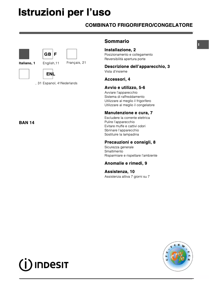 Page 1 de la notice Manuel utilisateur Indesit BAN 14 A