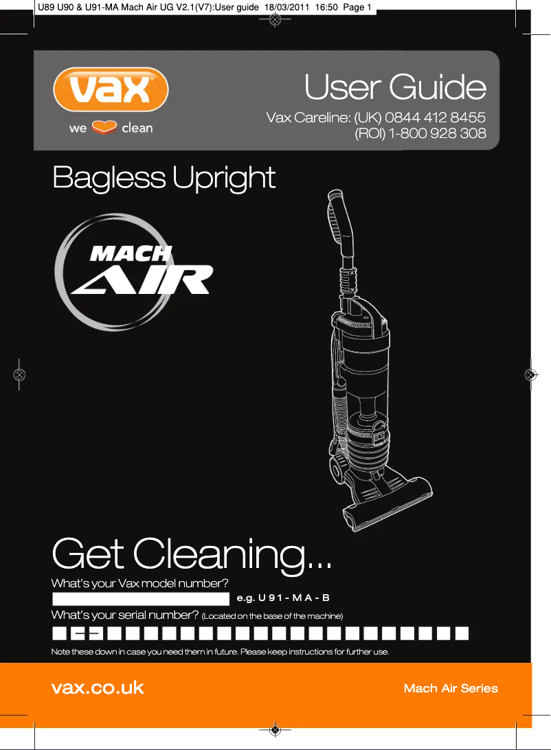 Page n°1 - Manuel utilisateur Vax Mach Air U91-MA