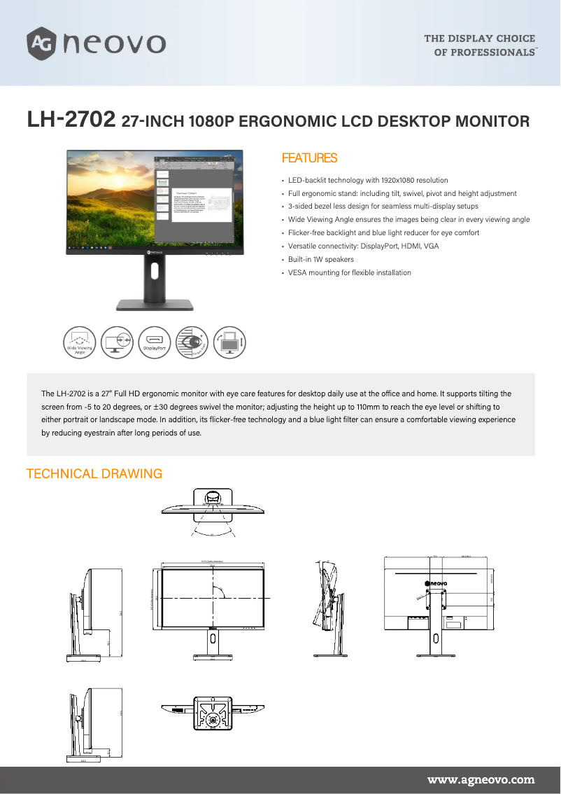 Page 1 de la notice Fiche technique AG Neovo LH-2702