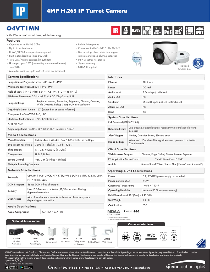 Page 1 de la notice Fiche technique Speco Technologies O4VT1MN