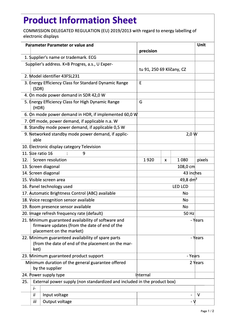 Page 1 de la notice Fiche technique ECG 43FSL231
