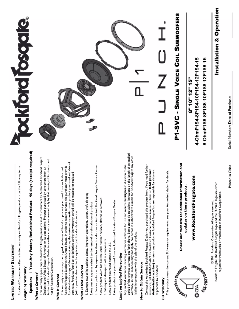 Page 1 de la notice Manuel utilisateur Rockford Fosgate Punch P1S8-12