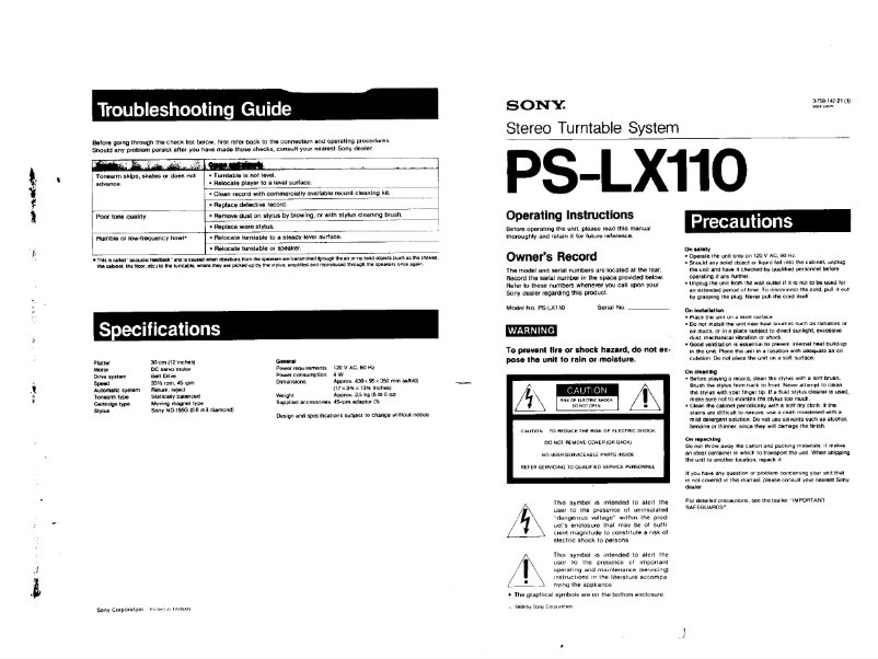 Page n°1 - Manuel utilisateur Sony PS-LX110