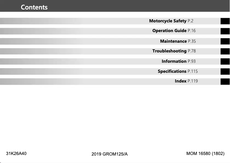 Page 1 de la notice Manuel utilisateur Honda Grom 125 (2019)