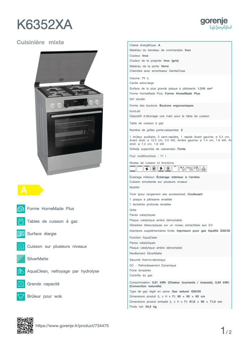 Page n°1 - Fiche technique Gorenje K6352XA