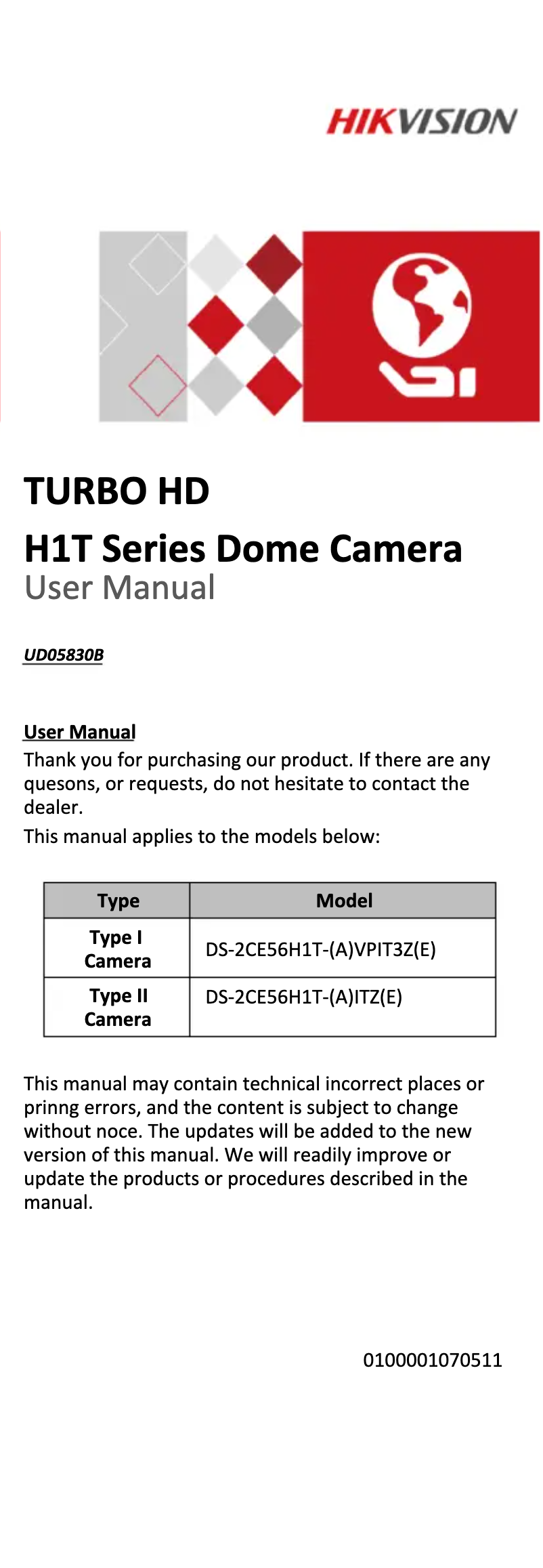 Page 1 de la notice Manuel utilisateur Hikvision DS-2CE56H1T-VPIT3ZE