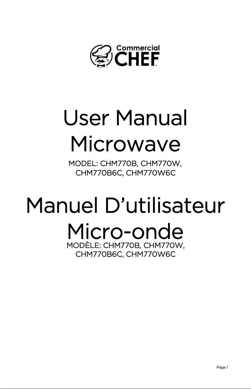 Page 1 de la notice Manuel utilisateur Commercial Chef CHM770