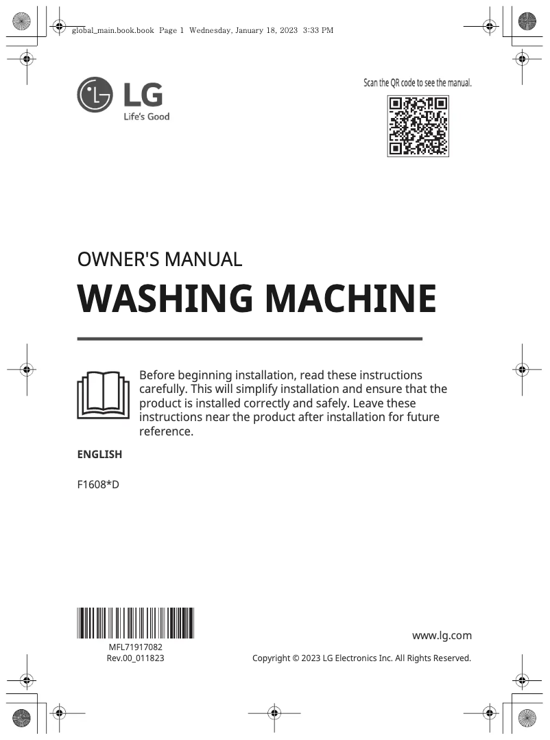 Page 1 de la notice Manuel utilisateur LG F1608WD