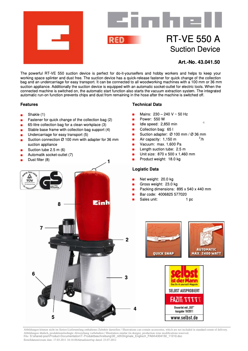 Page n°1 - Fiche technique Einhell RT-VE 550 A