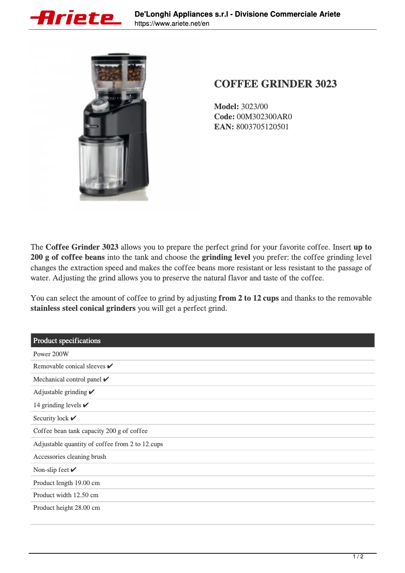 Page n°1 - Fiche technique Ariete 3023