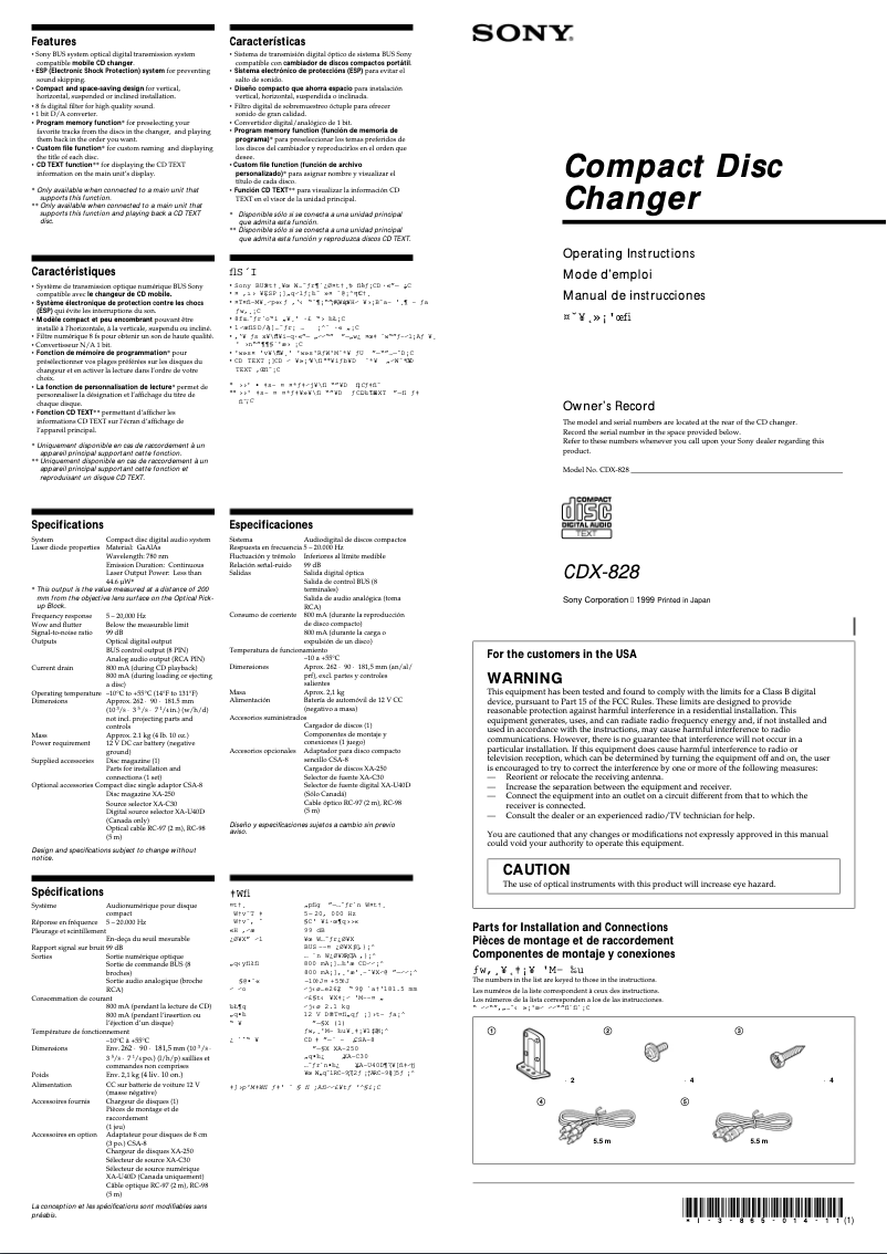 Page 1 de la notice Manuel utilisateur Sony CDX-828
