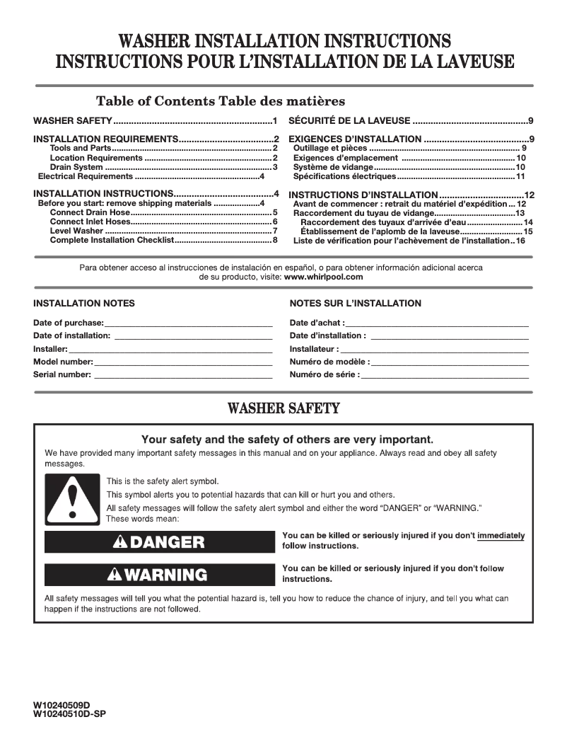 Page n°1 - Guide d'installation Amana NTW4516FW